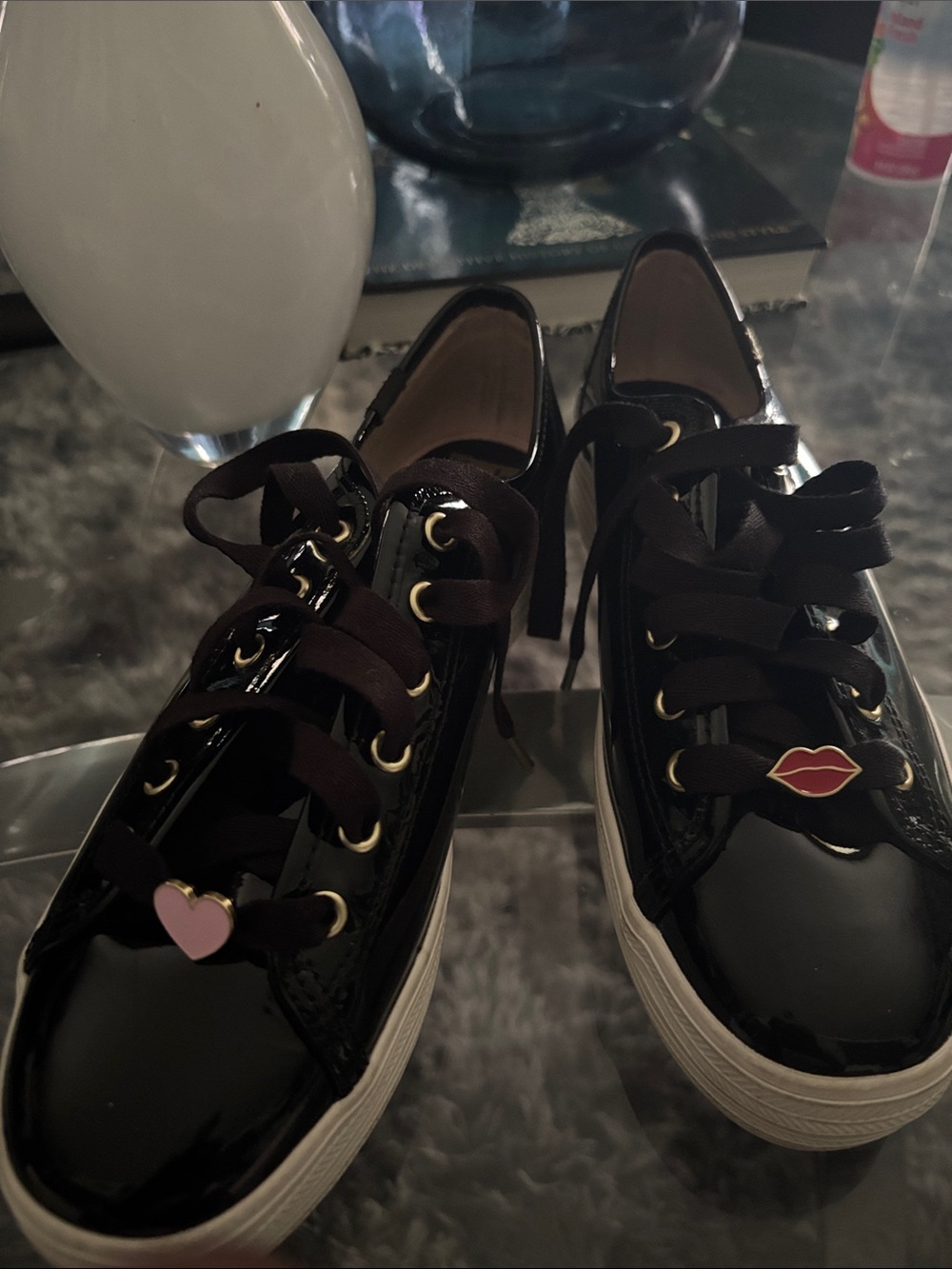 Kate Spade Women's Black Patent Lace-Up Sneakers with Pink Accent